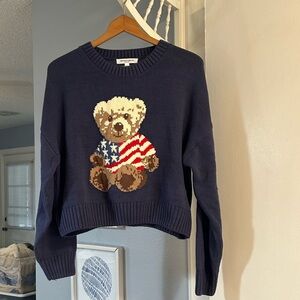 Grayson Threads Navy Crewneck Cropped Sweater Teddy Bear Motif Size XL